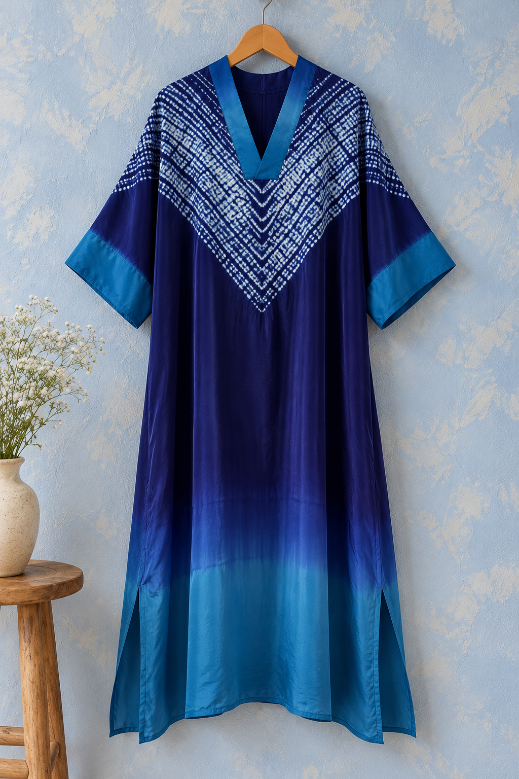 Blue Shibori modal silk kaftan, hand-dyed ombré detail