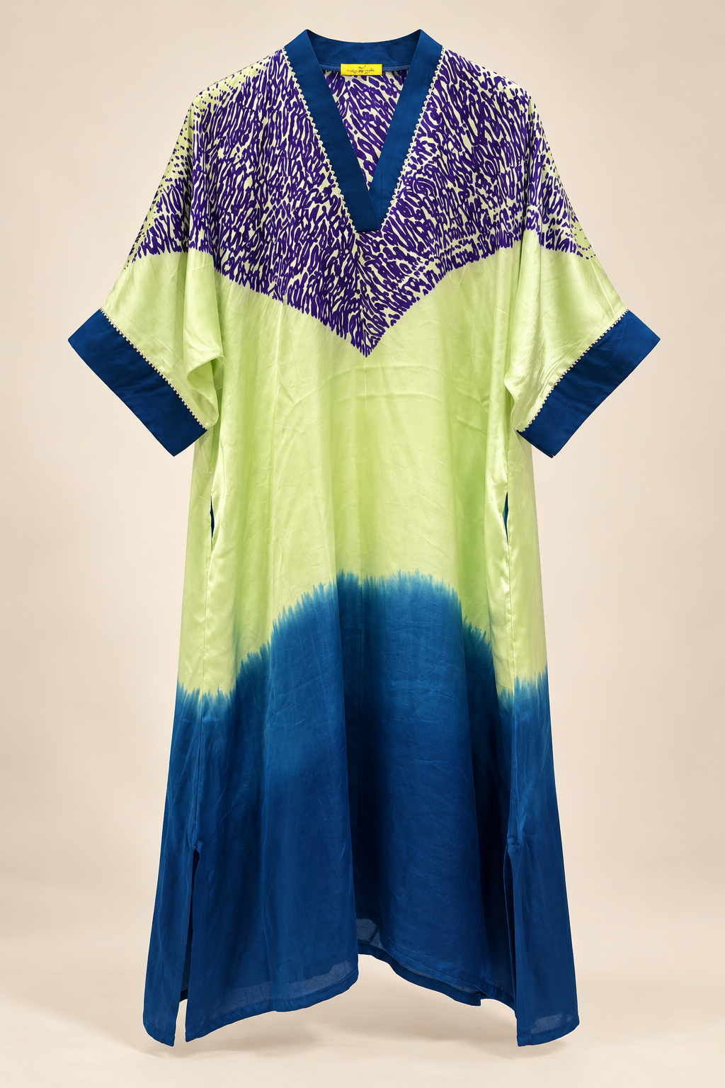 Pistachio and purple tie-dye modal silk kaftan by Gul, full length