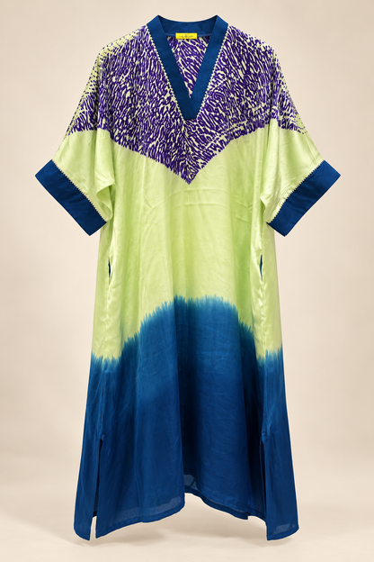 Pistachio and purple tie-dye modal silk kaftan by Gul, full length
