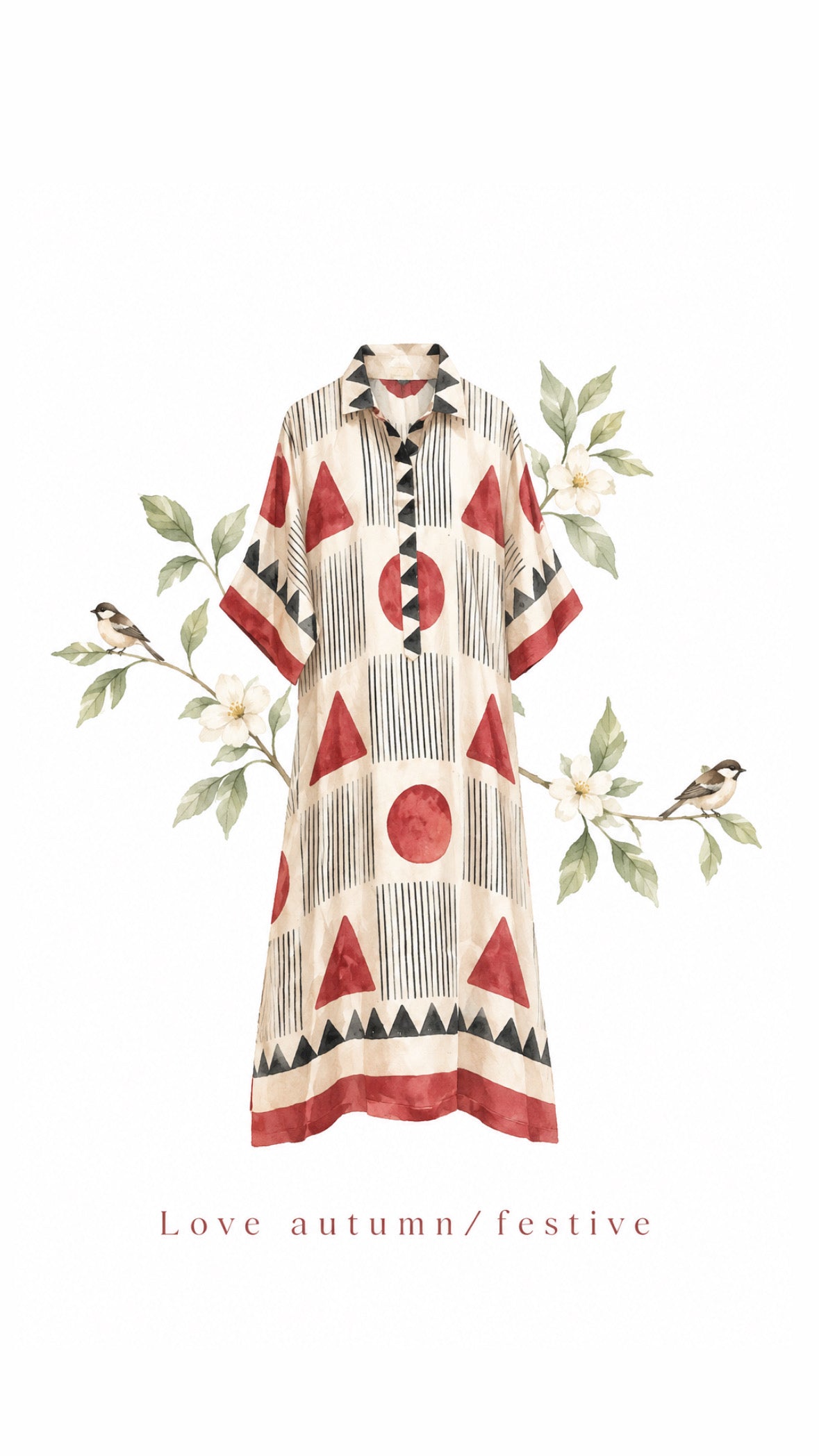 Ivory Geometric Deep Red Modal Silk Kaftan