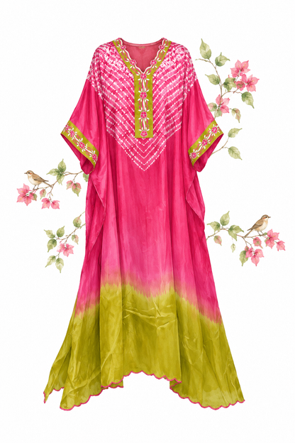 Fuchsia pink Shibori tie-dye kaftan with lime green embroidered cuffs