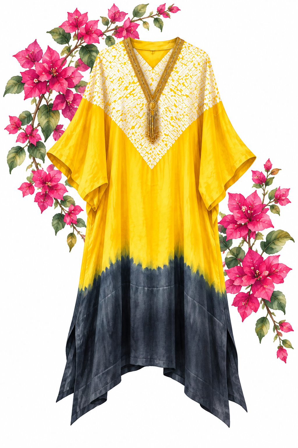 Yellow and charcoal ombré kaftan, Shibori-dyed yoke detail