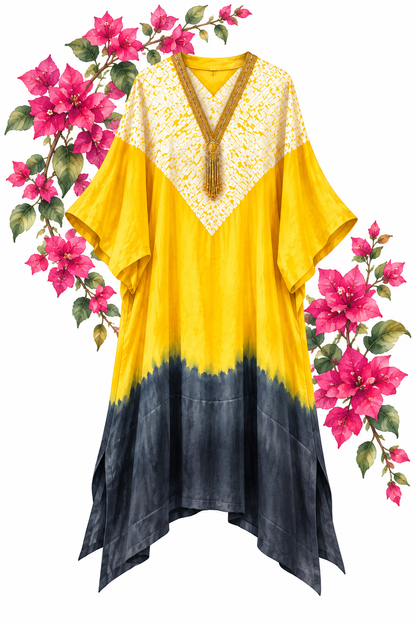Yellow and charcoal ombré kaftan, Shibori-dyed yoke detail