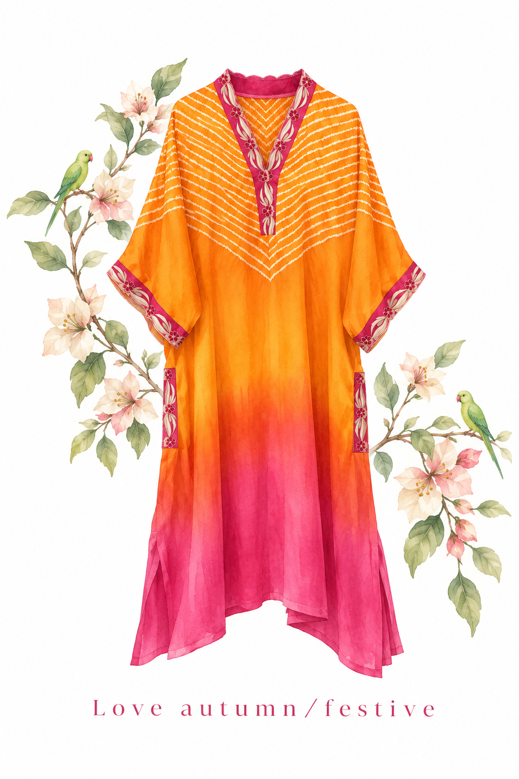 Orange fuchsia embroidered modal silk kaftan by Gul, full length