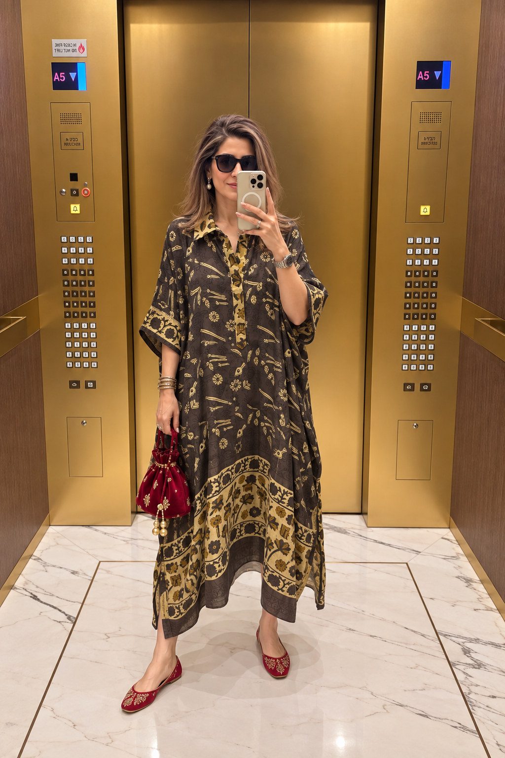 Charcoal mustard modal silk kaftan with Ajrakh motifs