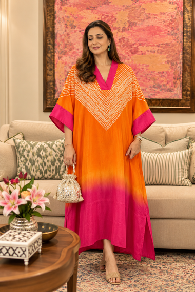 Orange and rani pink ombré modal silk kaftan with Shibori yoke by Gul