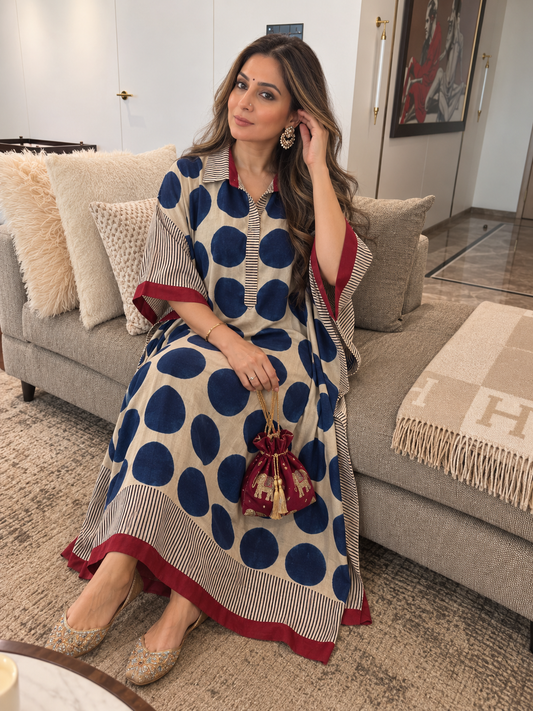 Blue Polka Modal Silk Kaftan