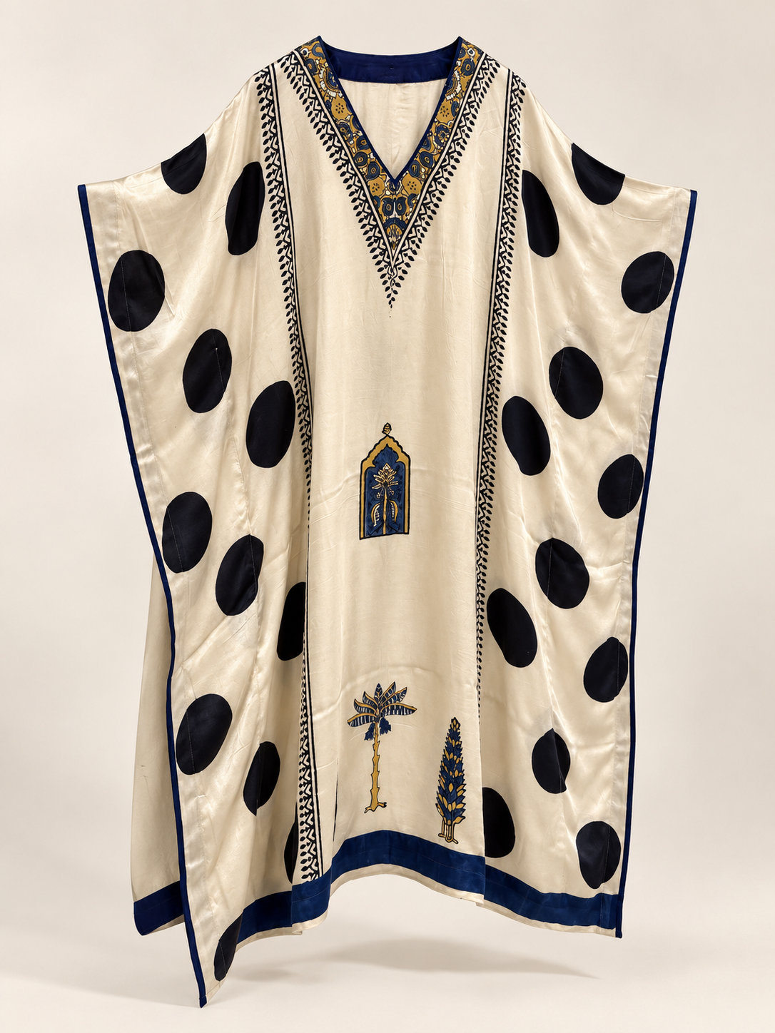 Ivory navy polka modal silk kaftan, botanical border detail