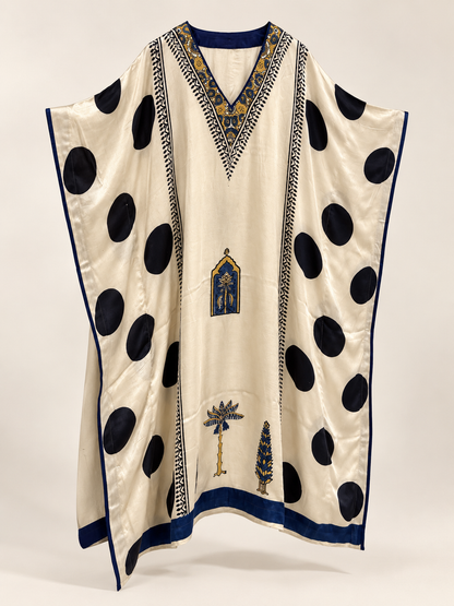 Ivory navy polka modal silk kaftan, botanical border detail