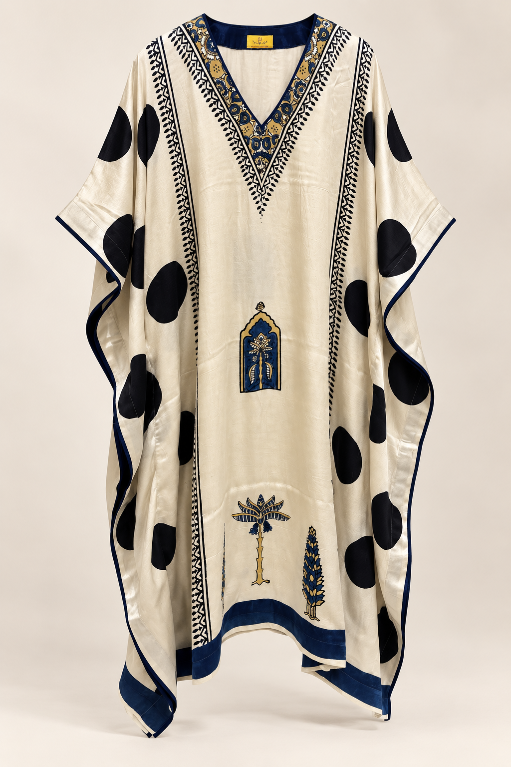 Ivory and navy polka modal silk kaftan by Gul, printed V-neck panel