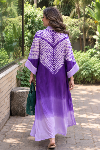 Purple Shibori-print modal silk kaftan, fourth view