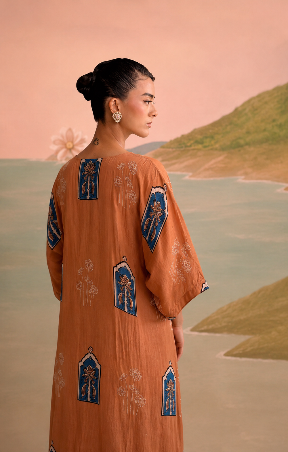 Terracotta Blue Arch Modal Silk Kaftan