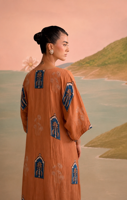 Terracotta blue arch modal silk kaftan, fifth view