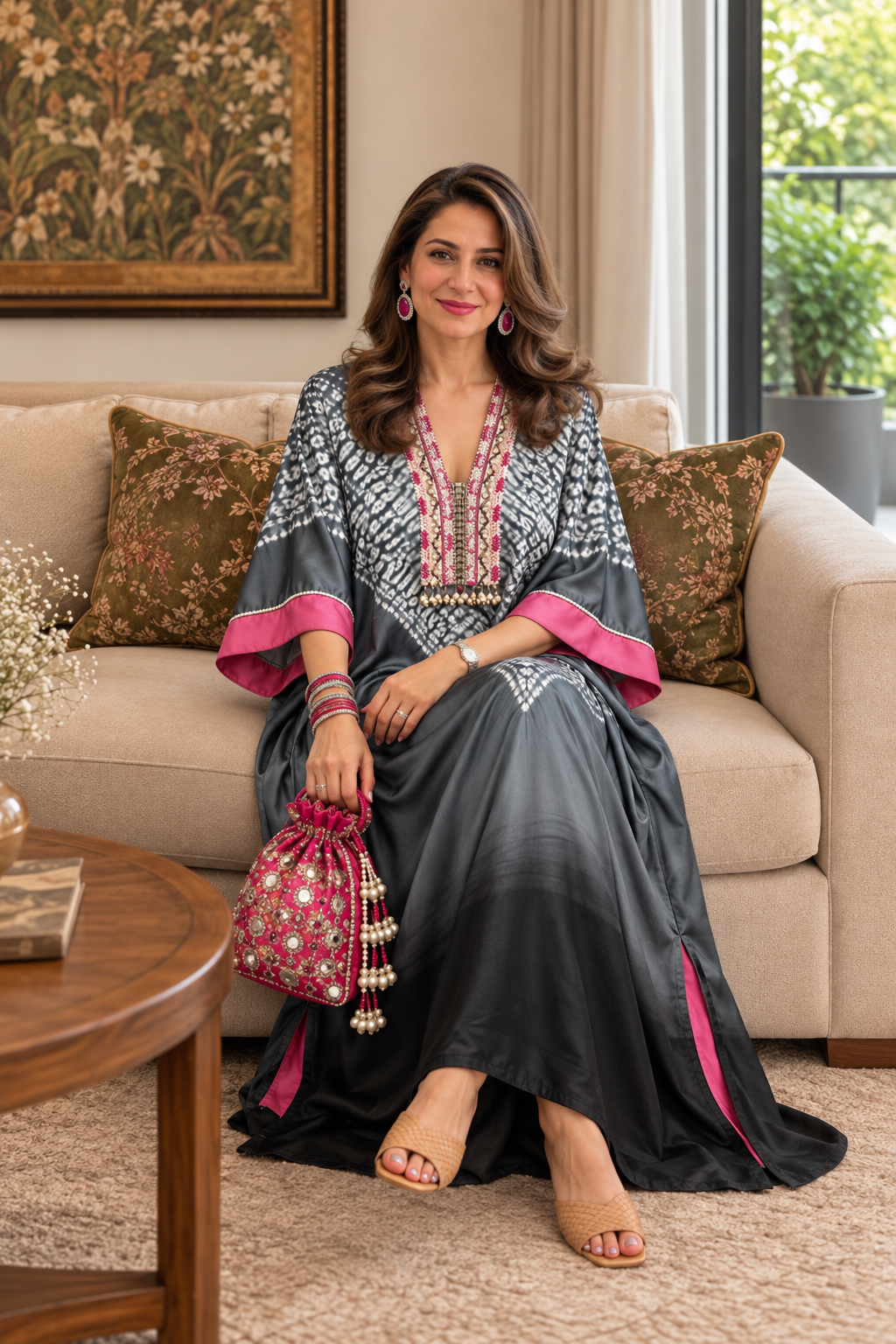 Midnight Shibori modal silk kaftan by Gul, charcoal with white resist dye