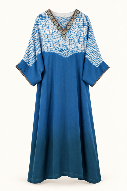 Blue Shibori resist-dyed modal silk kaftan, back view