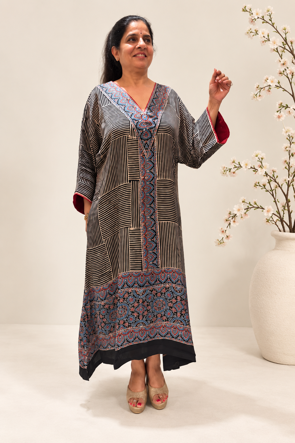 Black & Blue Printed Modal Silk Kaftan