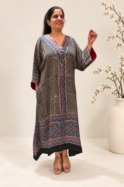 Black and blue printed modal silk kaftan by Gul
