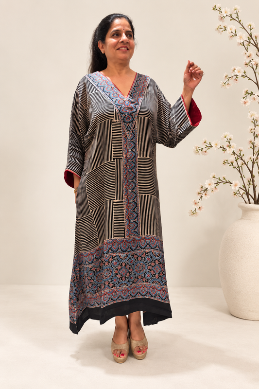 Black & Blue Printed Modal Silk Kaftan