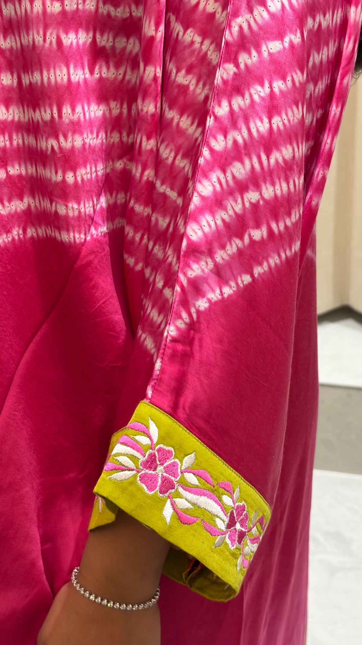 Hand-dyed fuchsia Shibori pattern on pure modal silk kaftan by Gul