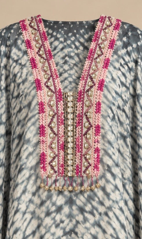Midnight Shibori kaftan, pink neckline with gold, mirror and tassel work