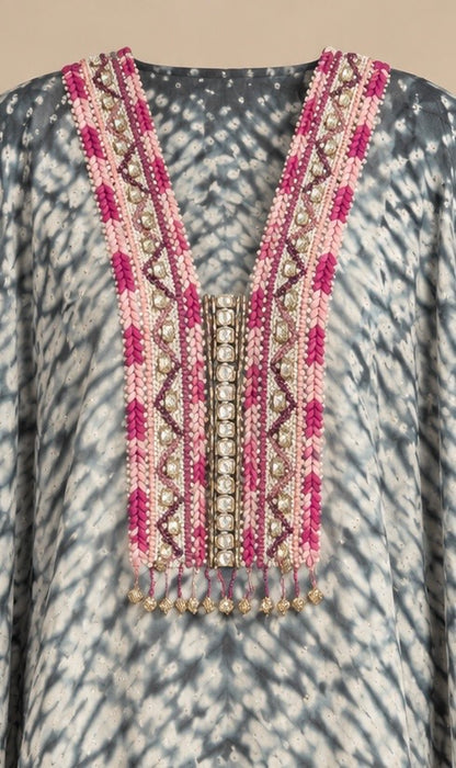 Midnight Shibori kaftan, pink neckline with gold, mirror and tassel work