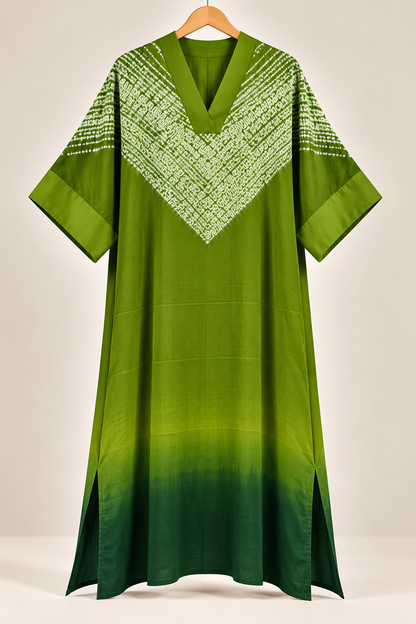 Green Shibori modal silk kaftan, white chevron yoke detail