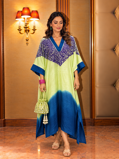 Pistachio green and purple tie-dye modal silk kaftan by Gul, front view