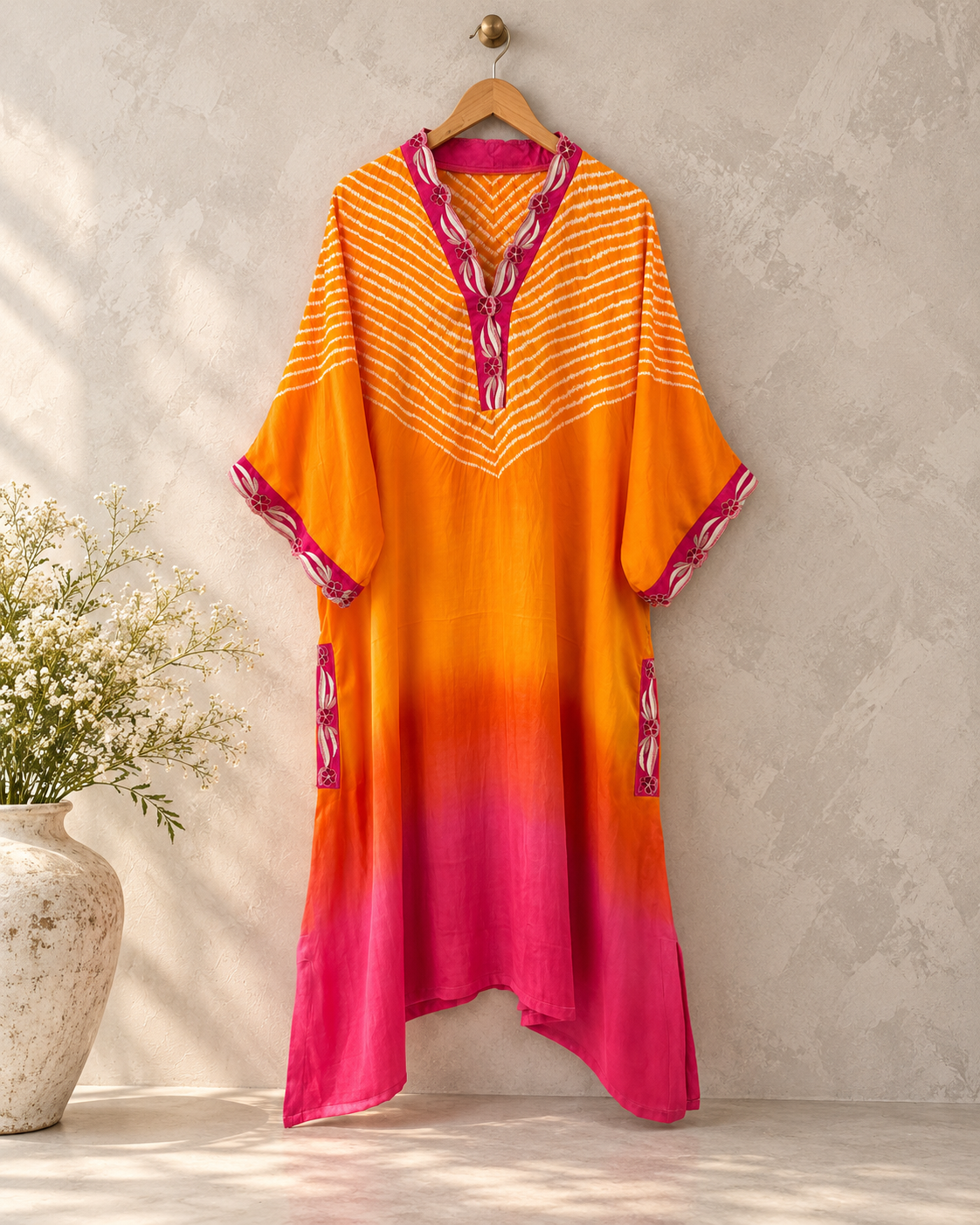 Orange fuchsia kaftan, hand-embroidered border detail