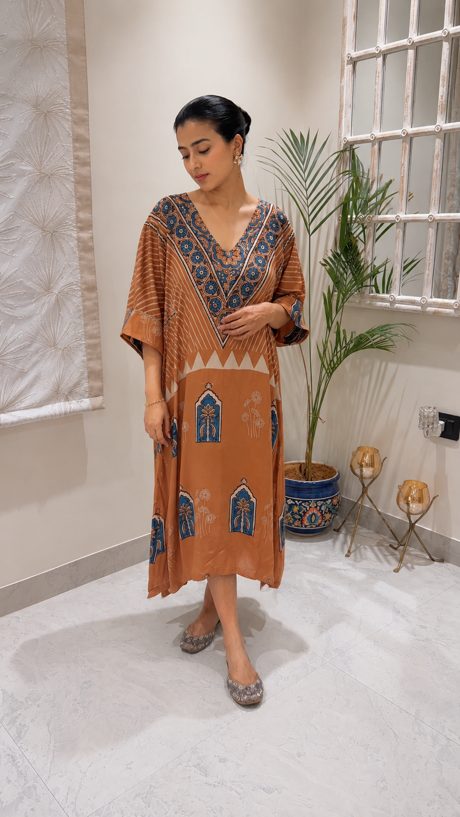 Terracotta Blue Arch Modal Silk Kaftan
