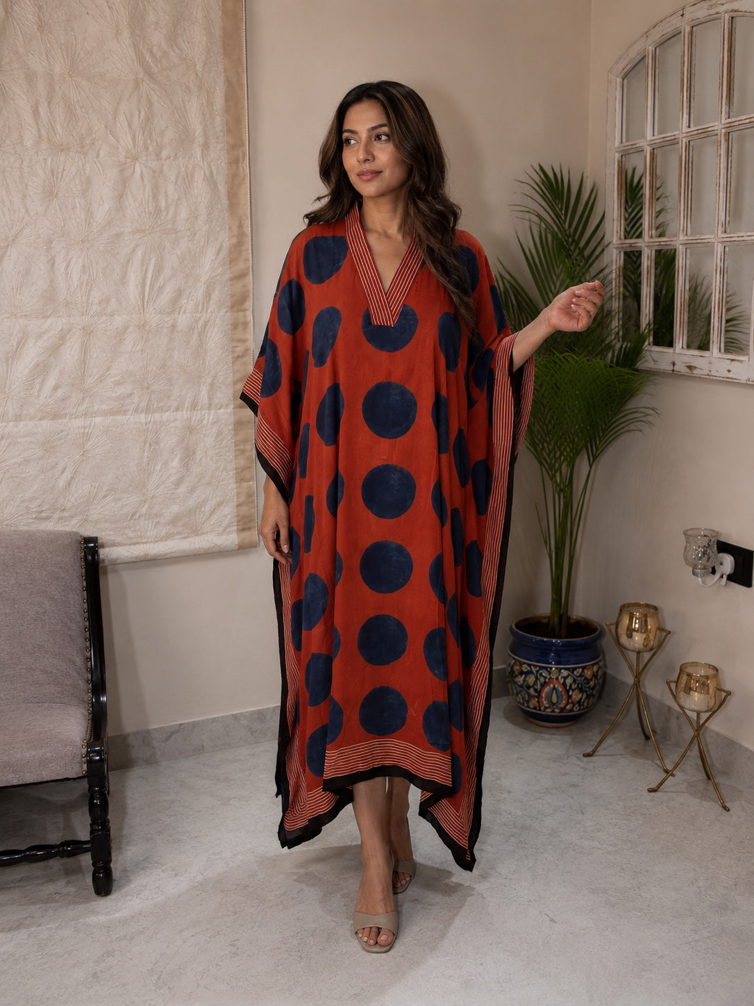 Tomato Red & Blue Polka Modal Silk Kaftan