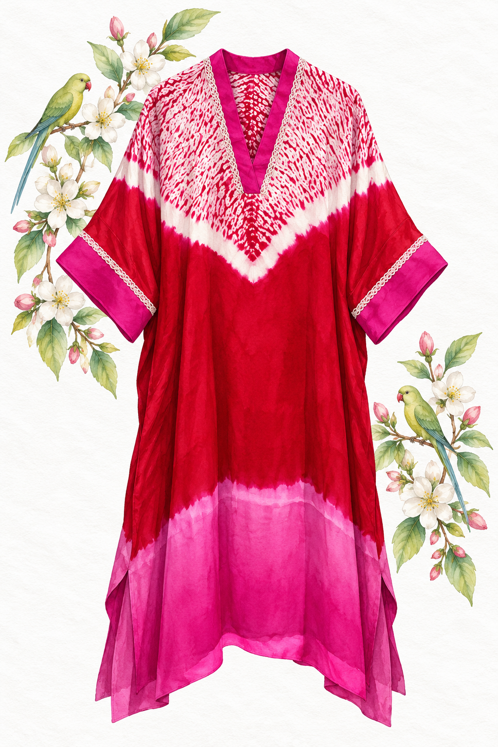 Pomegranate modal silk kaftan by Gul, detail view