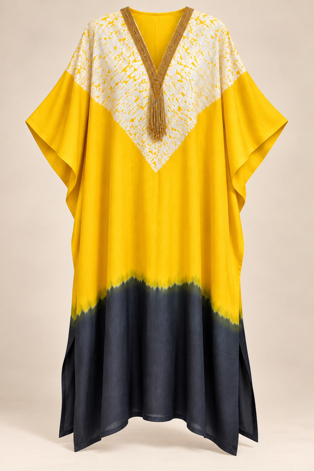 Yellow and charcoal ombré modal silk kaftan by Gul, full length