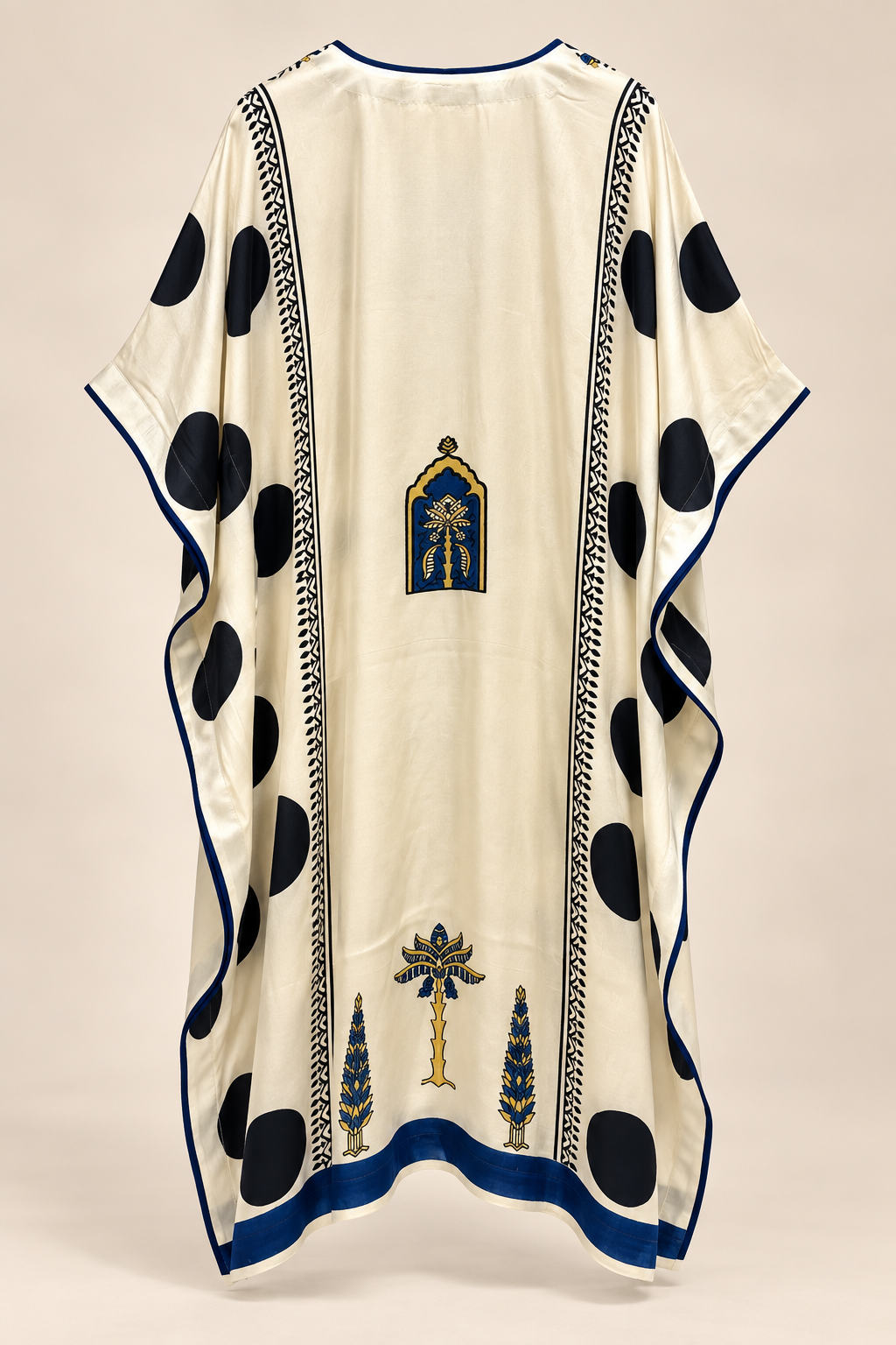 Ivory navy polka modal silk kaftan by Gul, back view