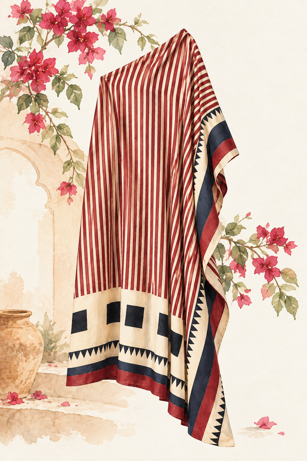 Red and ivory one-shoulder Ajrakh modal silk kaftan by Gul