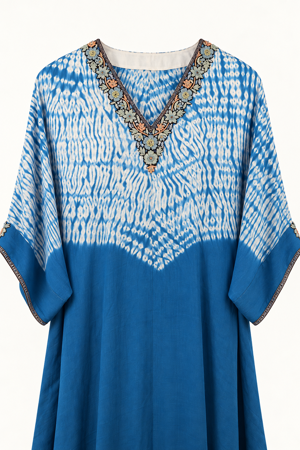 Blue Shibori beaded modal silk kaftan by Gul, sleeve beadwork detail
