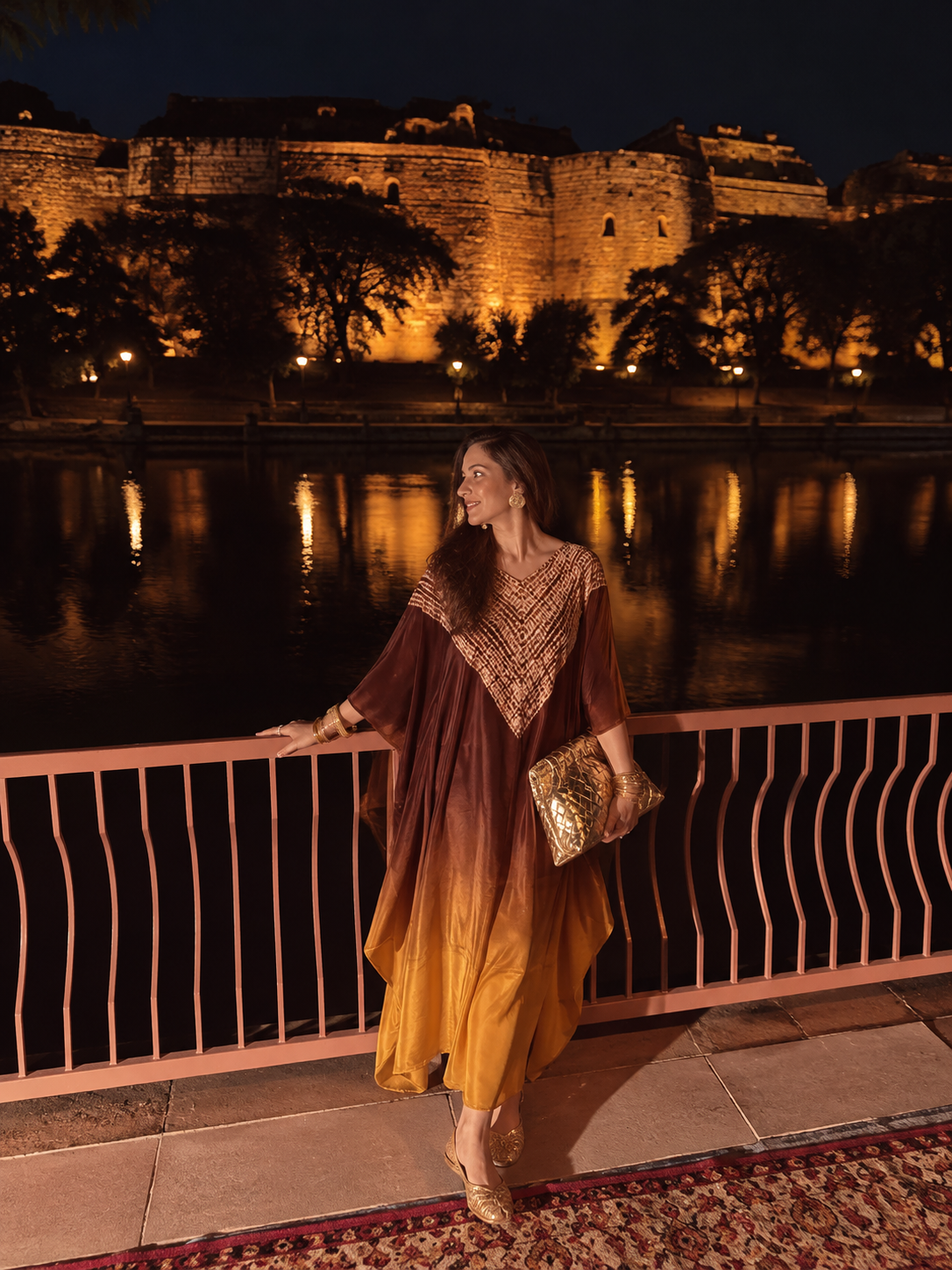 Jaiselmer chocolate brown and amber ombré modal silk kaftan by Gul, front view