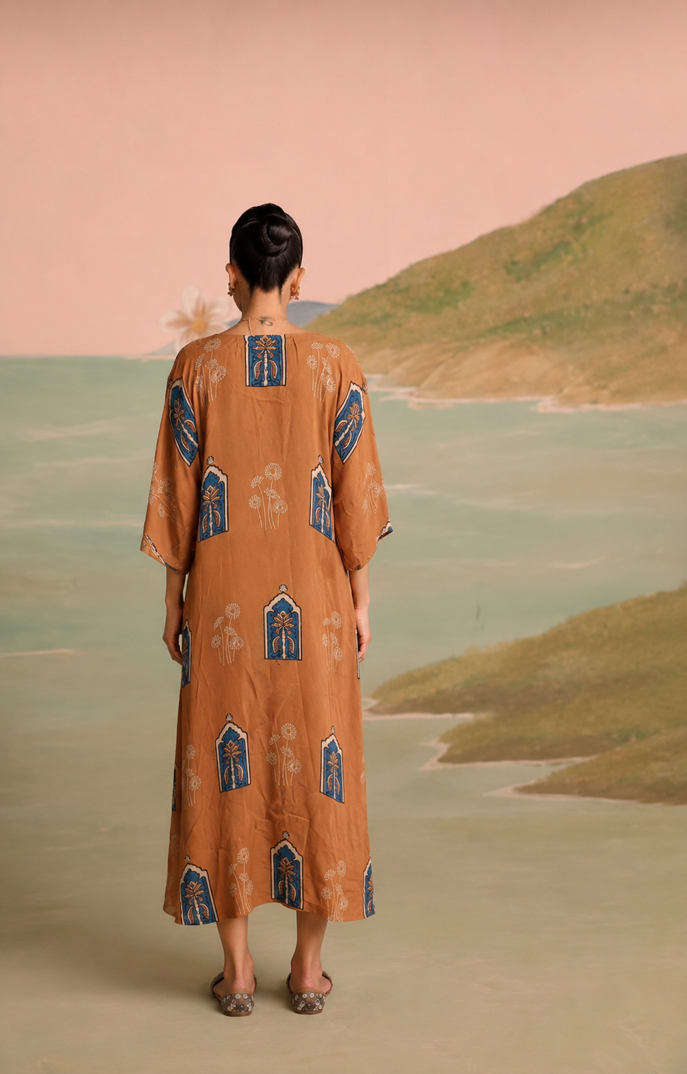Terracotta Blue Arch Modal Silk Kaftan