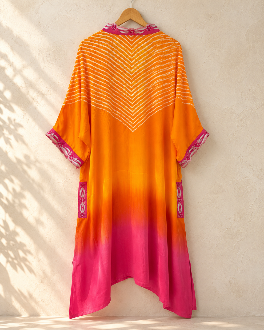 Orange fuchsia chevron tie-dye modal silk kaftan, back view