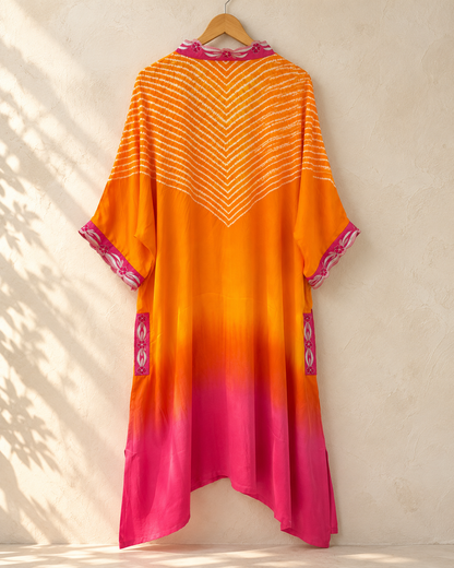 Orange fuchsia chevron tie-dye modal silk kaftan, back view