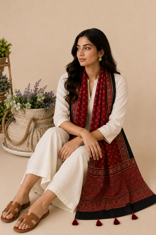Red & Black Ajrakh Block Print Dupatta