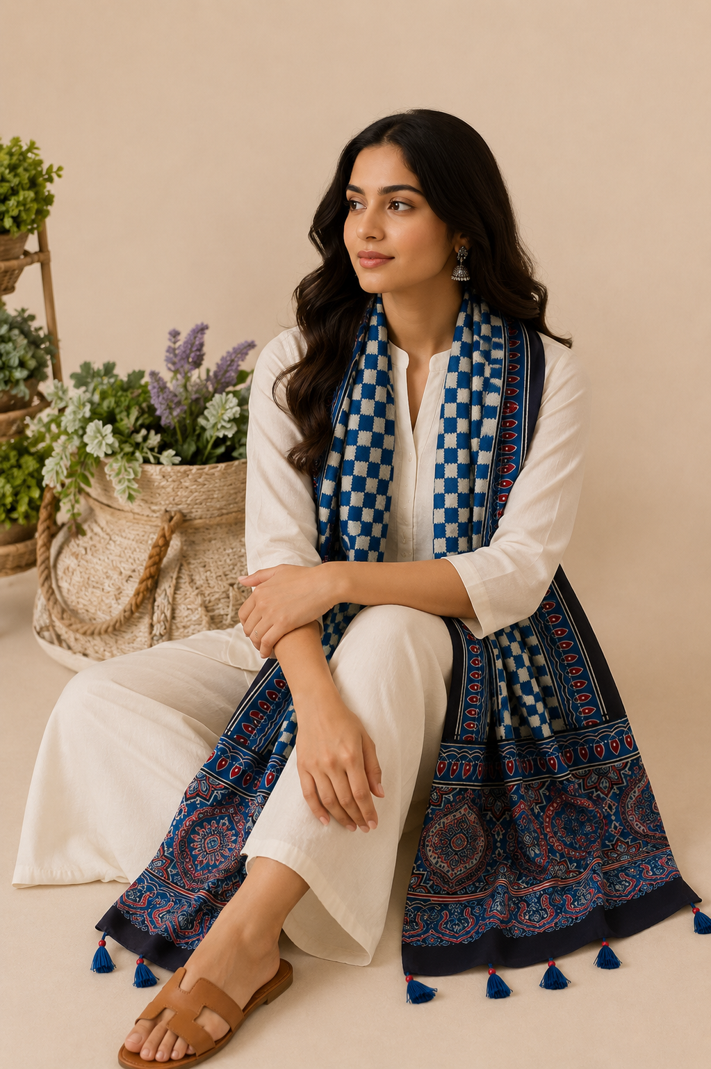 Black navy Ajrakh dupatta with gold border lifestyle on white kurta