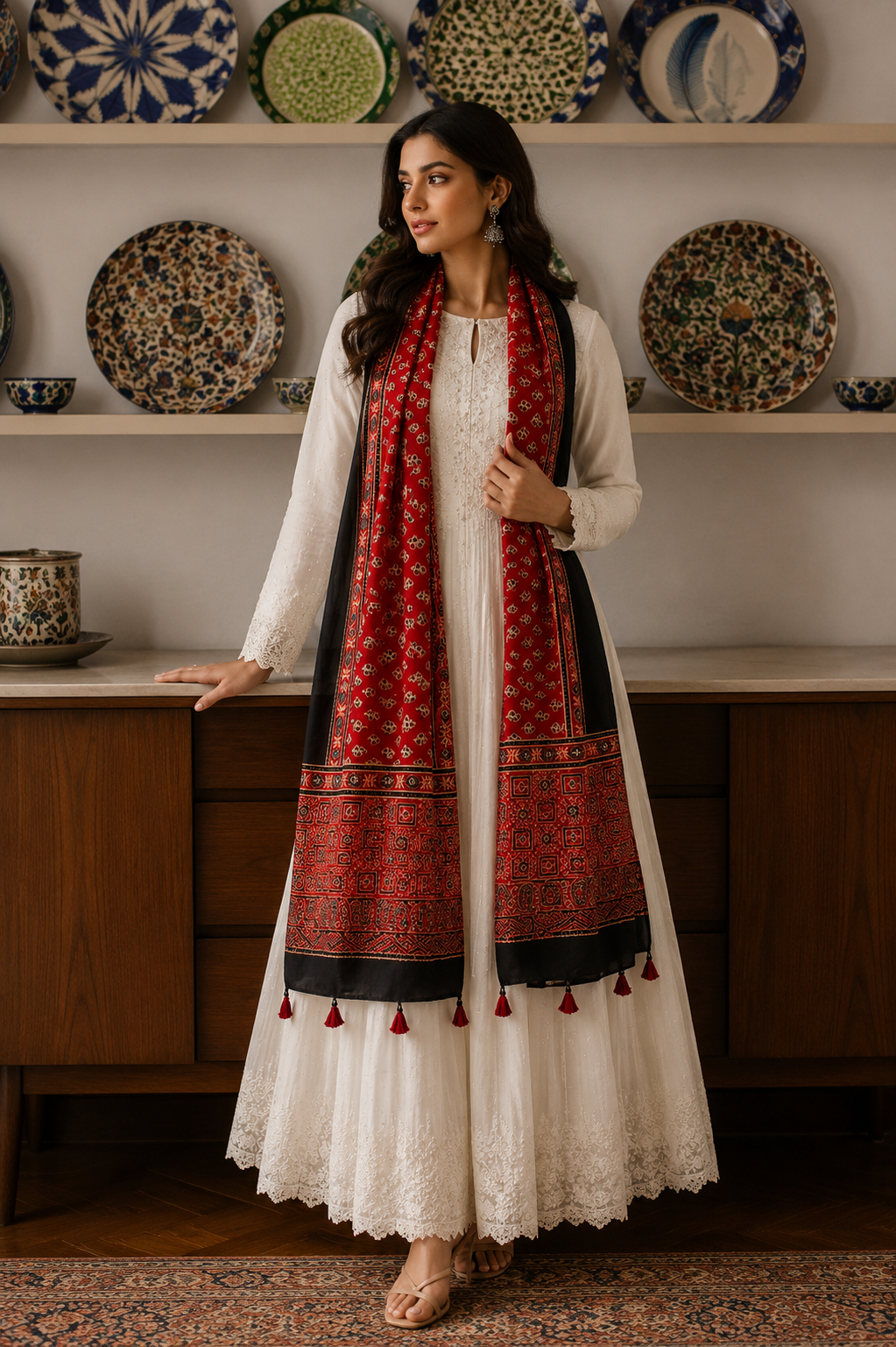 Red & Black Ajrakh Block Print Dupatta