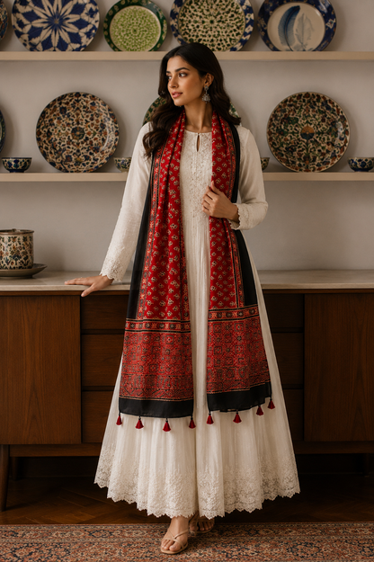 Red and black Ajrakh block print stole, third view