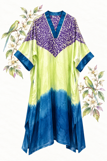 Pistachio green into blue ombré modal silk kaftan, back view