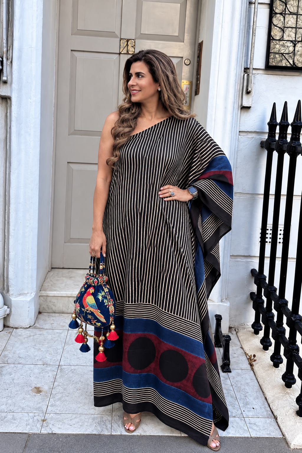 Black & Blue Ajrakh Modal Silk Off-Shoulder Kaftan