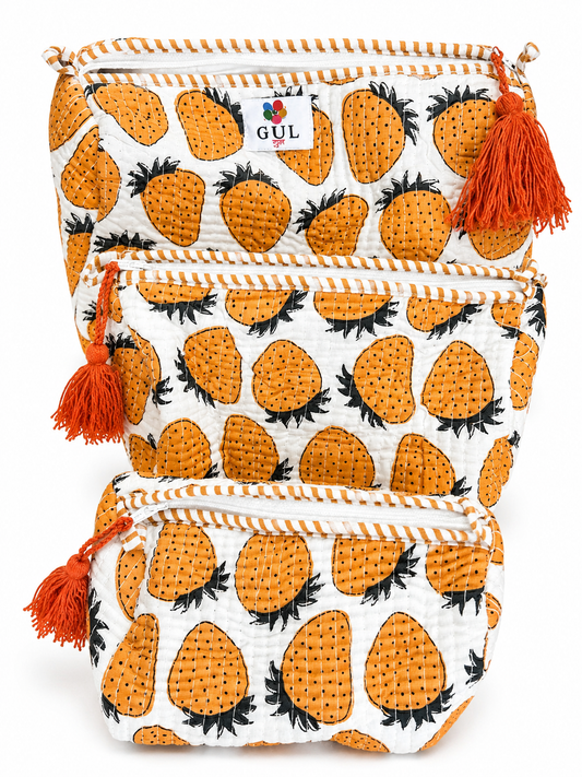 Orange Strawberry Quilted Pouch Set of 3