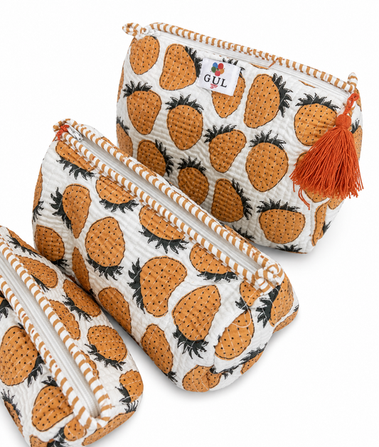 Orange Strawberry Quilted Pouch Set of 3