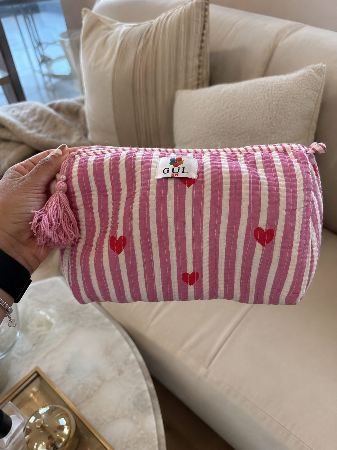 Pink Stripe Hearts Quilted Pouch Set of 3