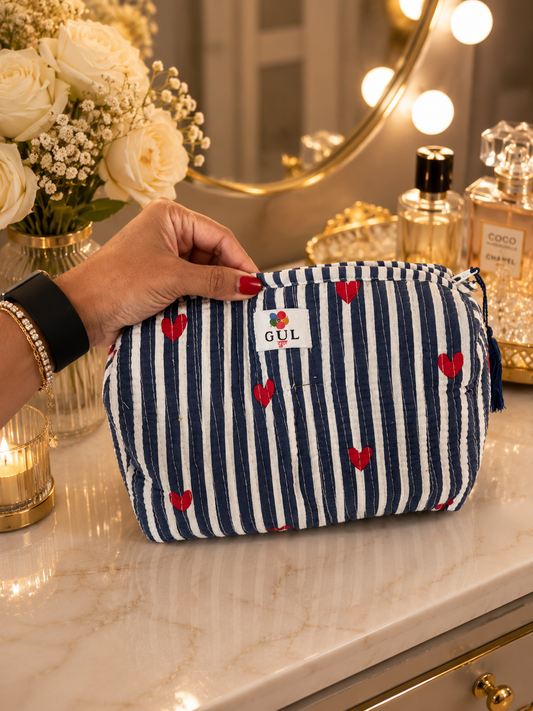 Navy Stripe Hearts Quilted Pouch Set of 3