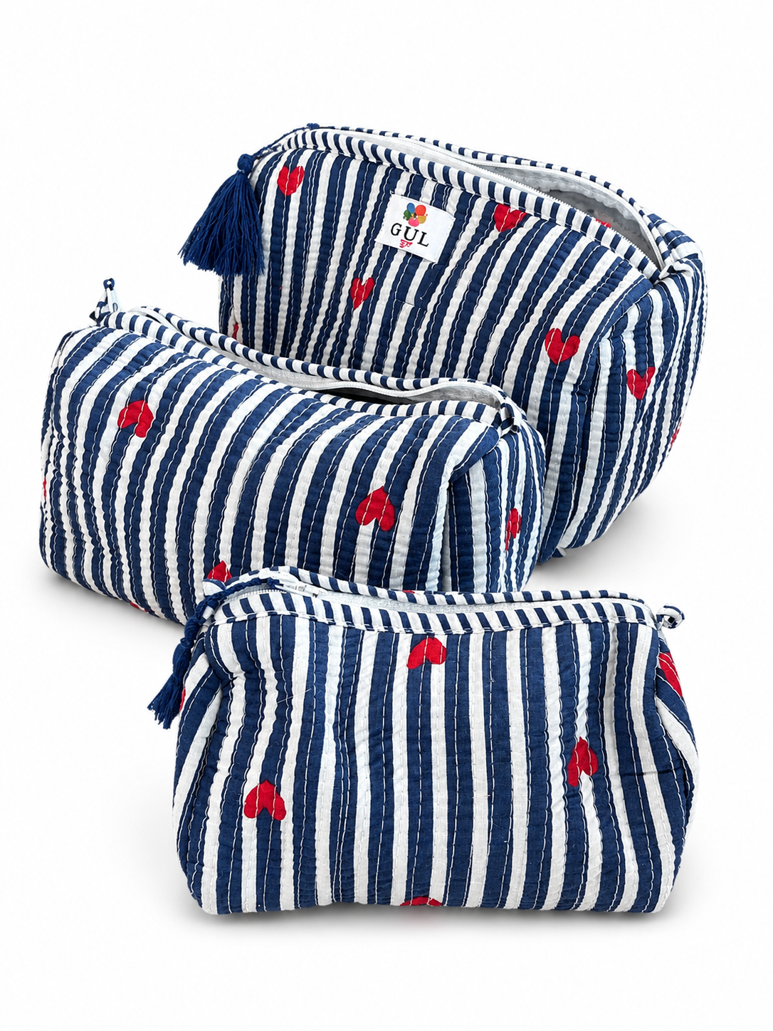 Navy Stripe Hearts Quilted Pouch Set of 3